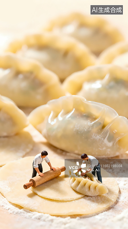 【AI数字艺术】两个人在擀面皮包饺子冬至春节新年移轴摄影三维图图片素材