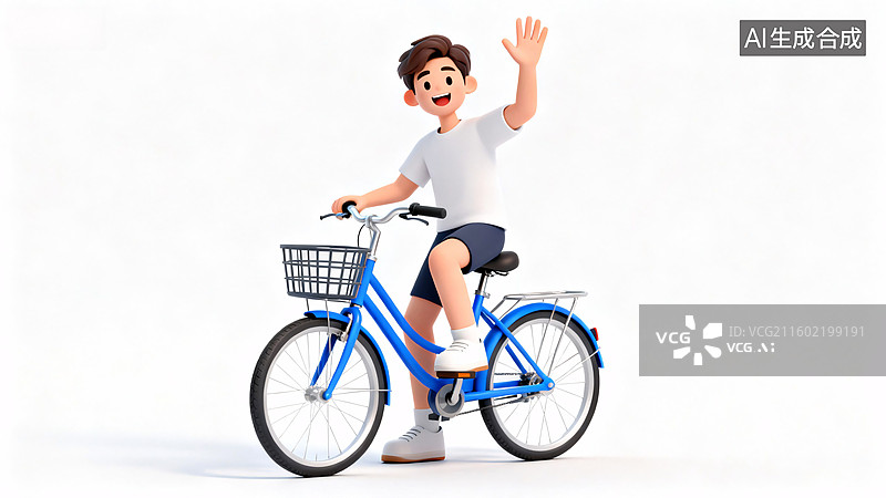 【AI数字艺术】男孩骑自行车挥手微笑图片素材