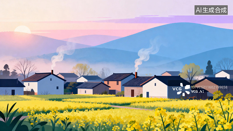 【AI数字艺术】乡村晨景与油菜花田图片素材