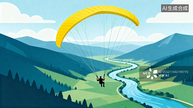 【AI数字艺术】滑翔伞飞越山谷河流图片素材