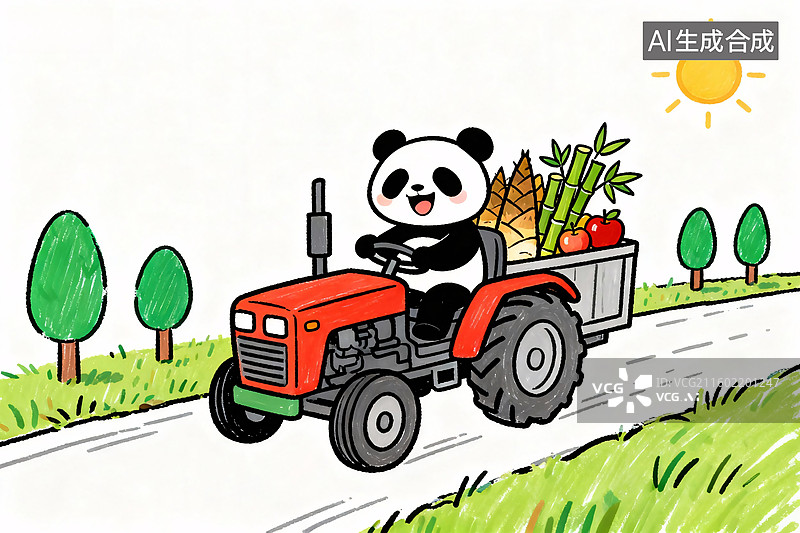 【AI数字艺术】熊猫开拖拉机运水果图片素材