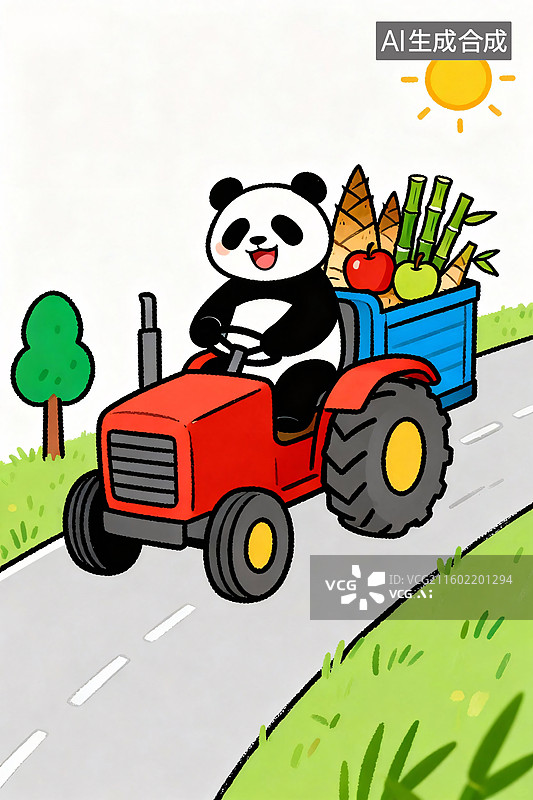 【AI数字艺术】熊猫开拖拉机运水果图片素材