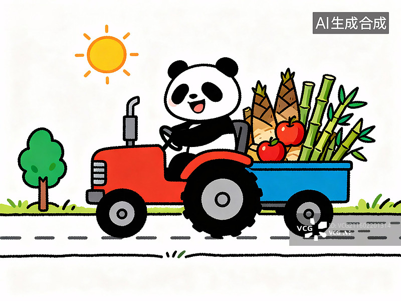 【AI数字艺术】熊猫开拖拉机运水果图片素材