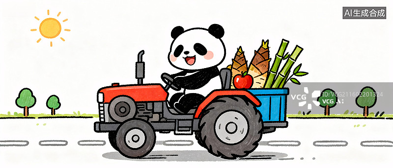 【AI数字艺术】熊猫开拖拉机运水果图片素材