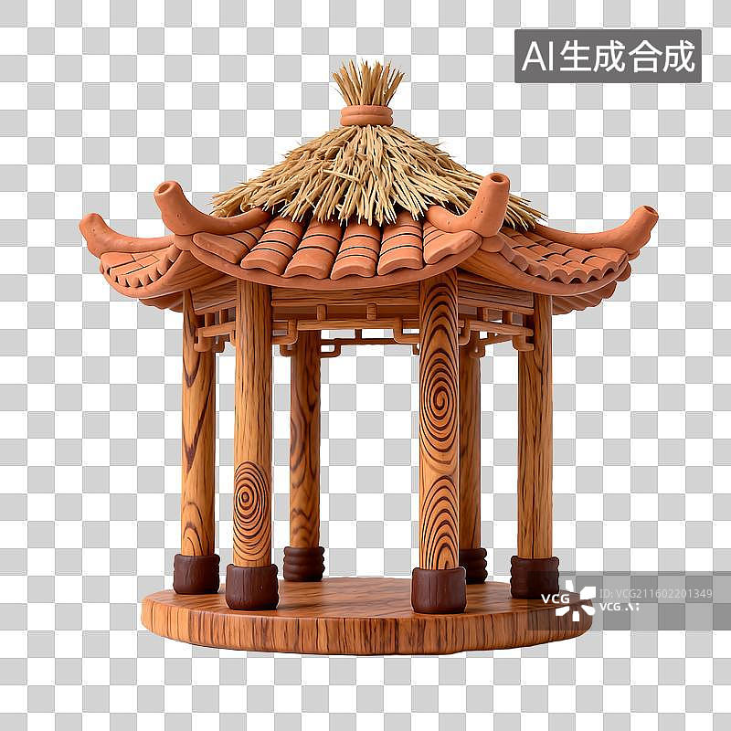 【AI数字艺术】传统中式茅草顶木质凉亭图片素材