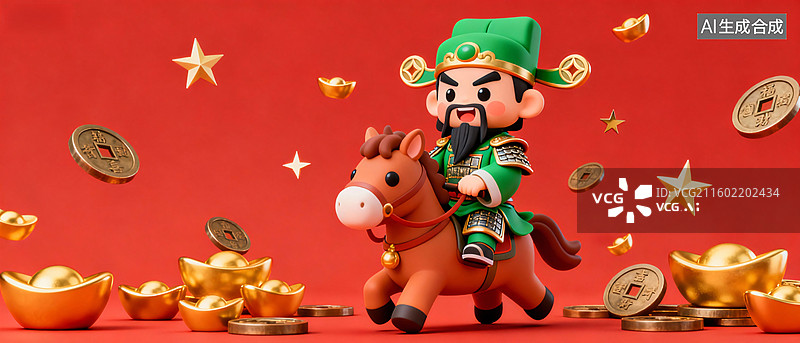【AI数字艺术】武财神骑马送金元宝迎新年图片素材