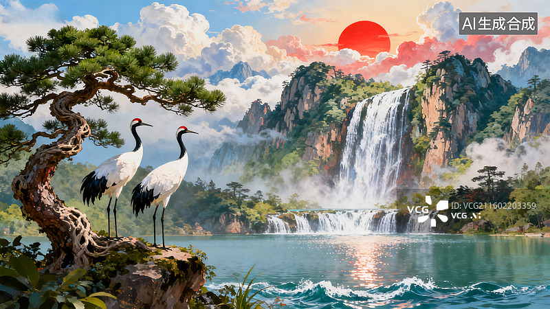 【AI数字艺术】旭日东升松鹤延年山水图图片素材