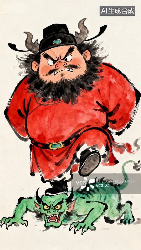 【AI数字艺术】卡通钟馗踏鬼插画图片素材