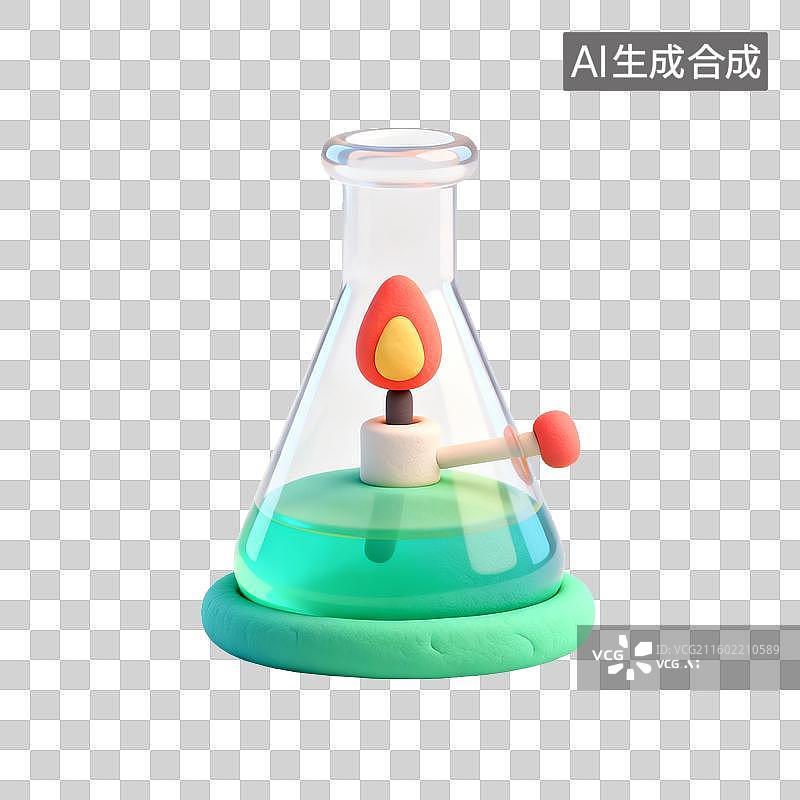 【AI数字艺术】化学实验烧瓶中的绿色液体与火焰图片素材