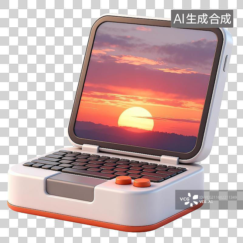 【AI数字艺术】复古风格便携式游戏电脑展示日落风景图片素材