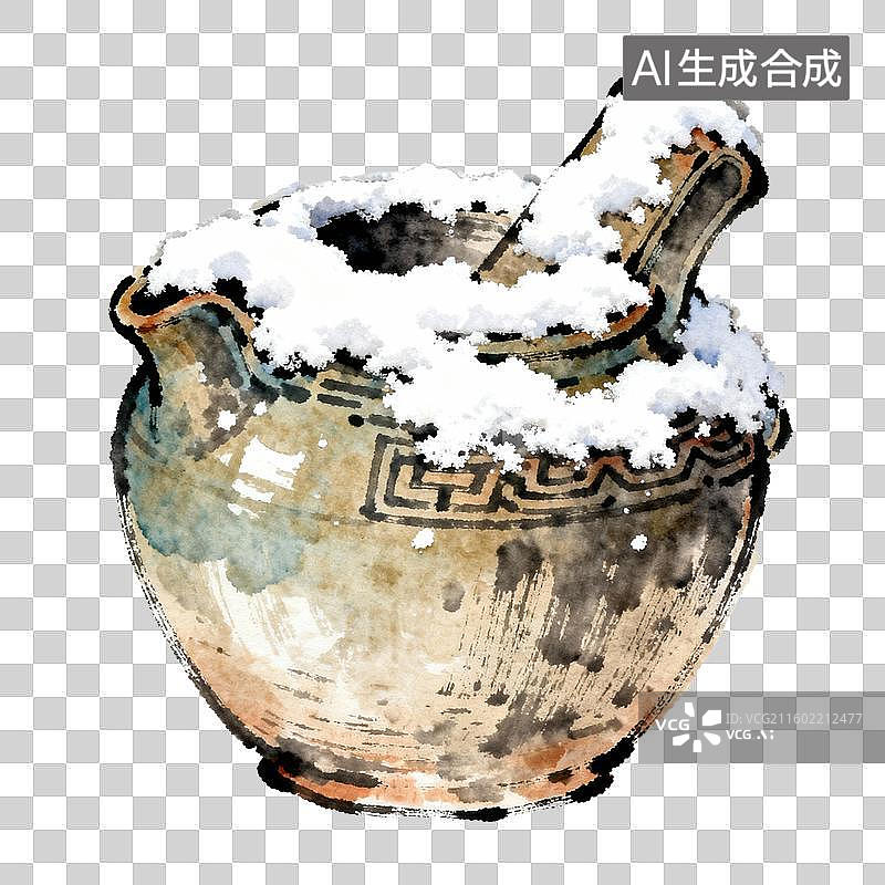 【AI数字艺术】雪覆盖的古老陶罐图片素材