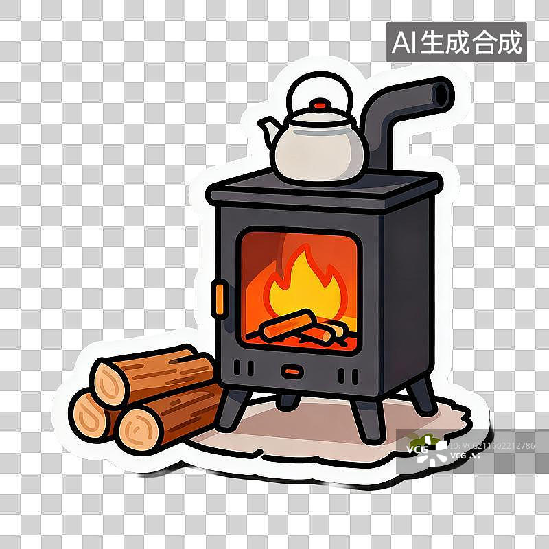 【AI数字艺术】燃烧的壁炉旁的茶壶和木柴图片素材