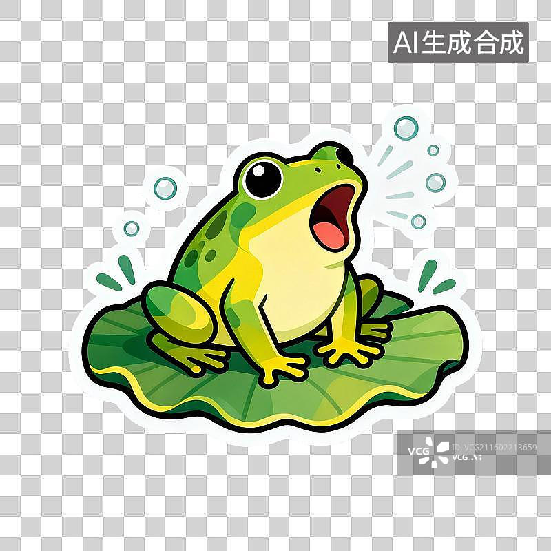 【AI数字艺术】一只绿色青蛙坐在荷叶上大声鸣叫图片素材