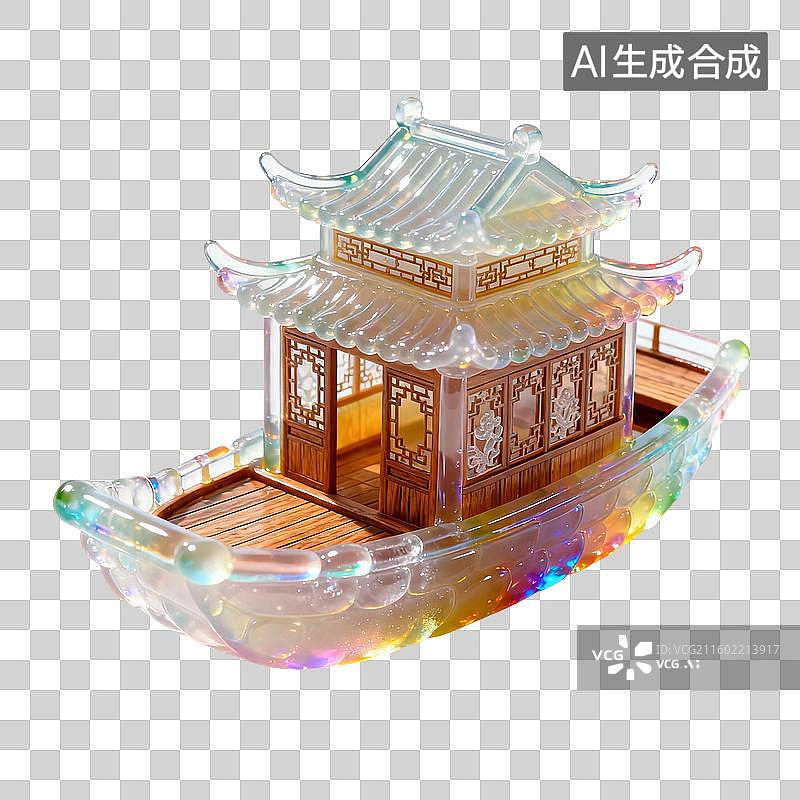 【AI数字艺术】透明发光中式船屋模型图片素材