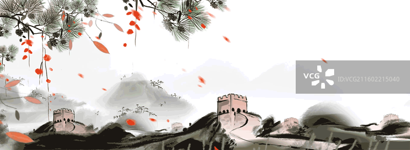 秋天 长城 松树 飞鸟 山水画 水墨 风格 动画图片素材