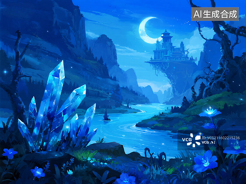 【AI数字艺术】幻蓝之境：星河与水晶神殿图片素材