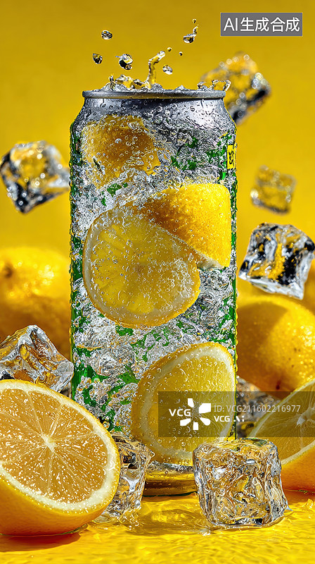 【AI数字艺术】柠檬冰饮罐装饮料飞溅图片素材