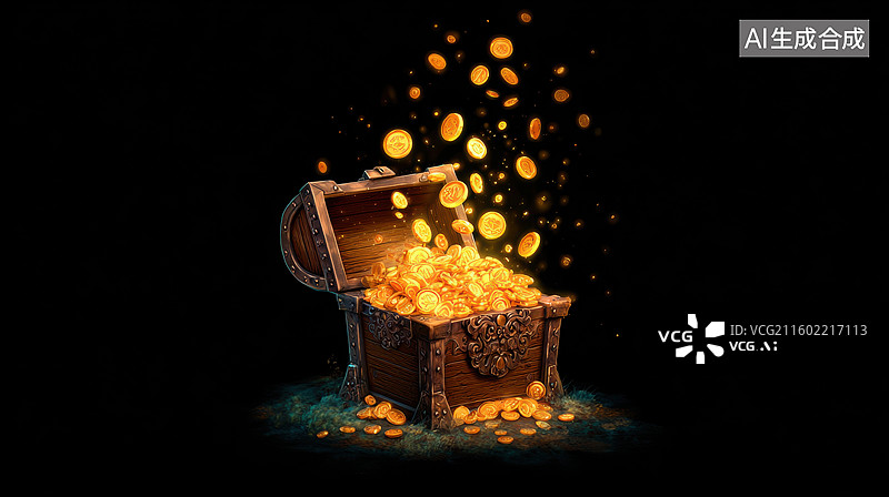 【AI数字艺术】宝箱中金币飞溅图片素材
