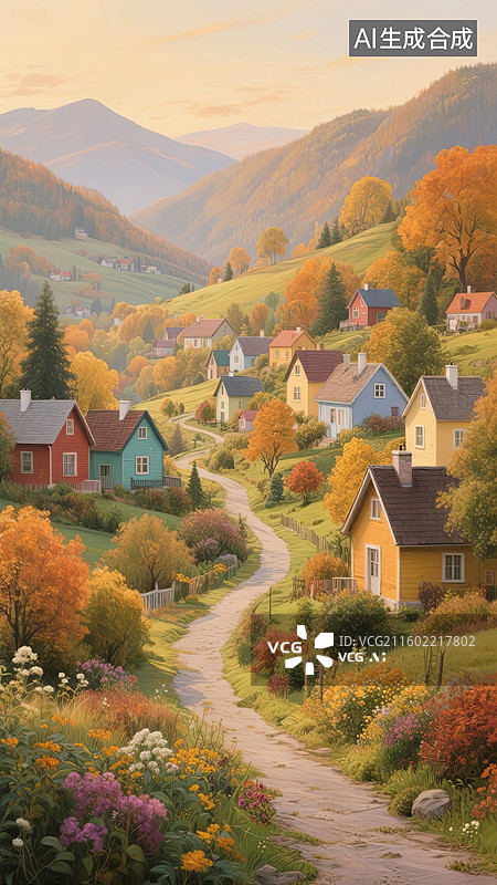【AI数字艺术】秋日山间小镇唯美插画图片素材