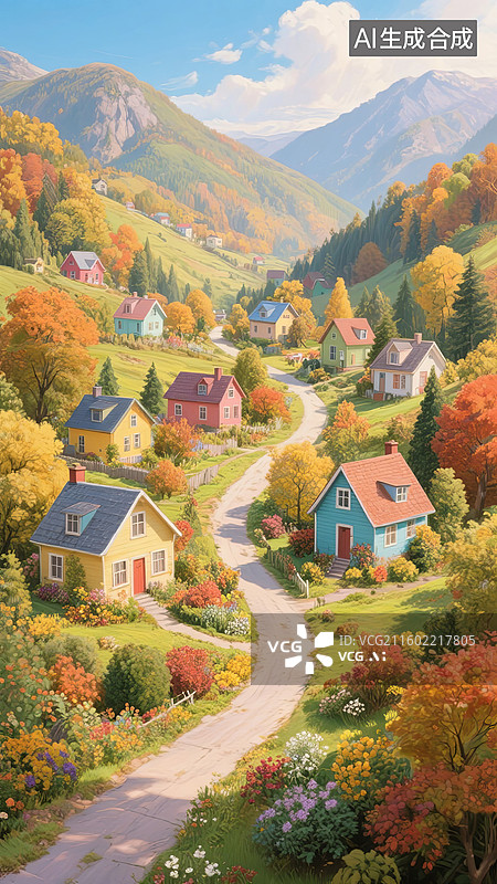 【AI数字艺术】秋日山间小镇唯美插画图片素材