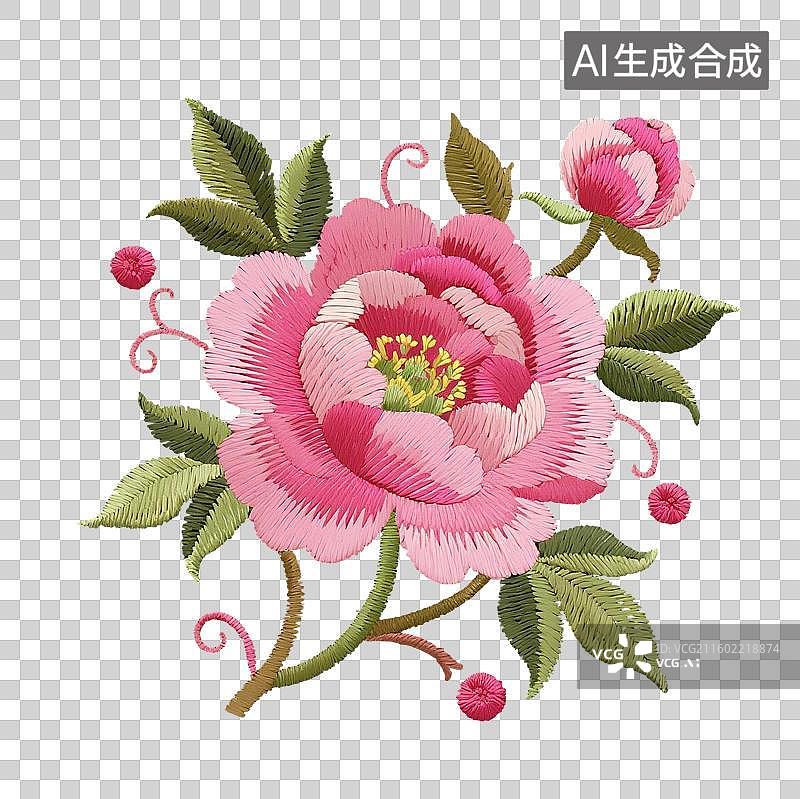 【AI数字艺术】精致刺绣风盛开的娇艳牡丹免抠花朵图片素材