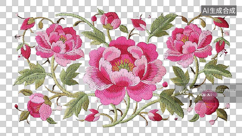 【AI数字艺术】精致刺绣风盛开的娇艳牡丹免抠花朵图片素材
