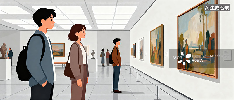【AI数字艺术】美术馆内参观者欣赏画作图片素材
