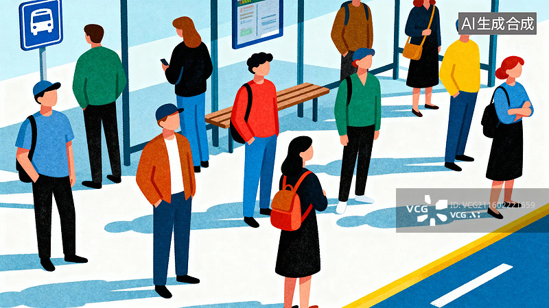 【AI数字艺术】公交站台候车人群图片素材
