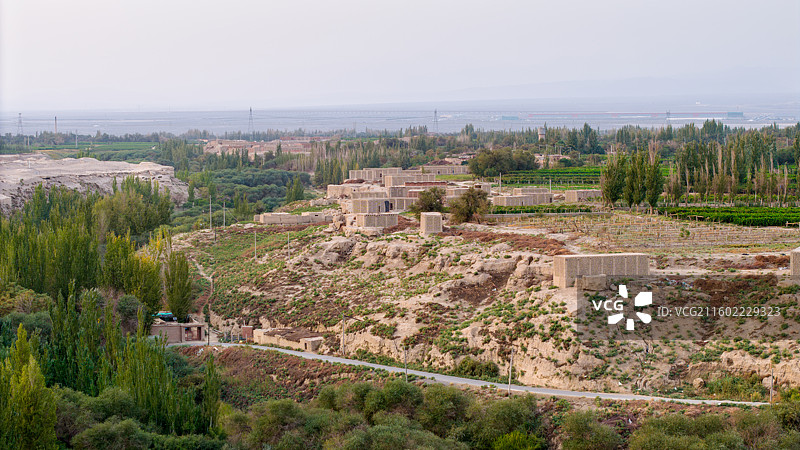 新疆吐鲁番市，绿树环绕的葡萄园和葡萄晾房。图片素材
