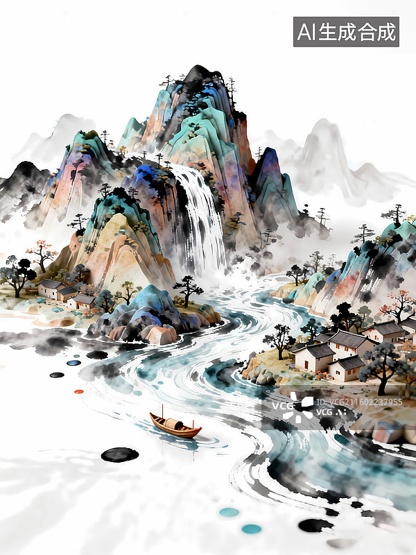 【AI数字艺术】诗意江南高山流水中国画背景图片素材