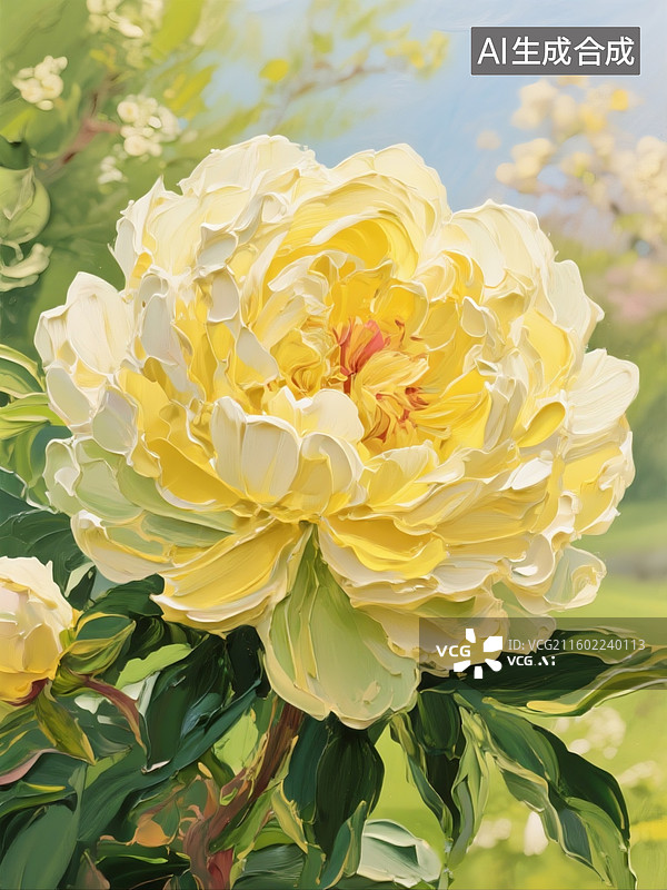 【AI数字艺术】奶油油画厚涂一幅春日花图，牡丹花花朵，堆得很厚，黄绿色，立体感，质感，肌理感。图片素材