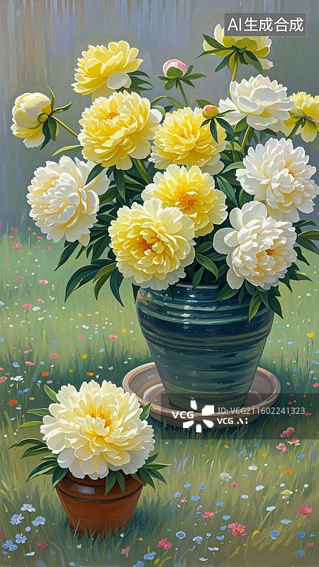 【AI数字艺术】奶油油画厚涂一幅春日花图，牡丹花花朵，堆得很厚，黄绿色，立体感，质感，肌理感。图片素材