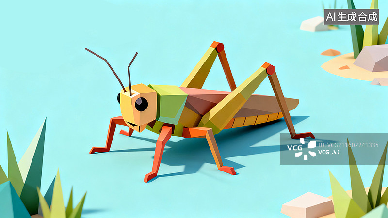 【AI数字艺术】低多边形造型的蚱蜢  昆虫主题插画图片素材