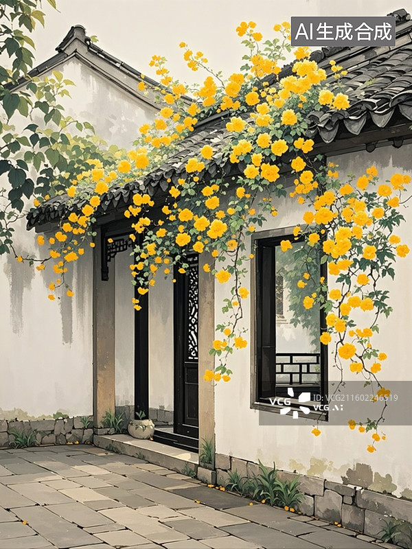 【AI数字艺术】中式水墨风格，白墙黛瓦的民居，黑色雕花窗棂旁，大片明黄色的藤蔓花肆意攀爬、垂落，花朵鲜亮，枝叶翠绿。图片素材