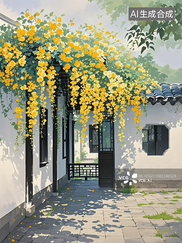 【AI数字艺术】中式水墨风格，白墙黛瓦的民居，黑色雕花窗棂旁，大片明黄色的藤蔓花肆意攀爬、垂落，花朵鲜亮，枝叶翠绿。图片素材