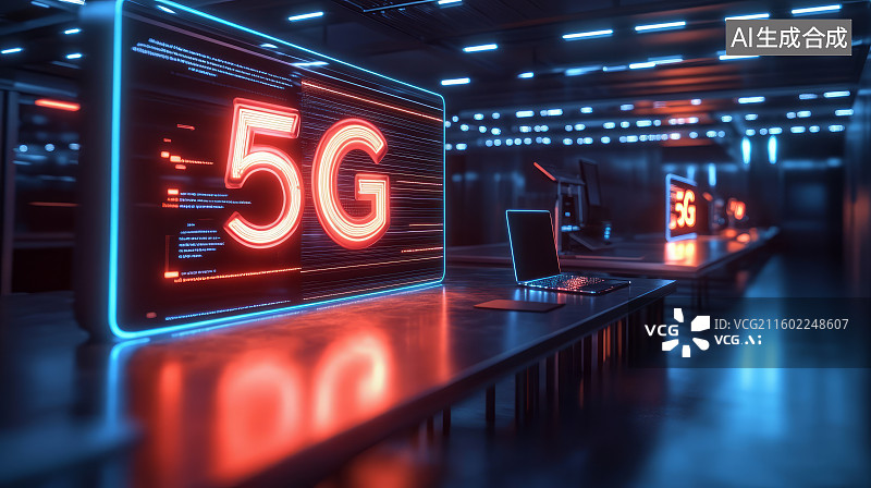 【AI数字艺术】5G发光图标和5G通信技术科技概念图片素材