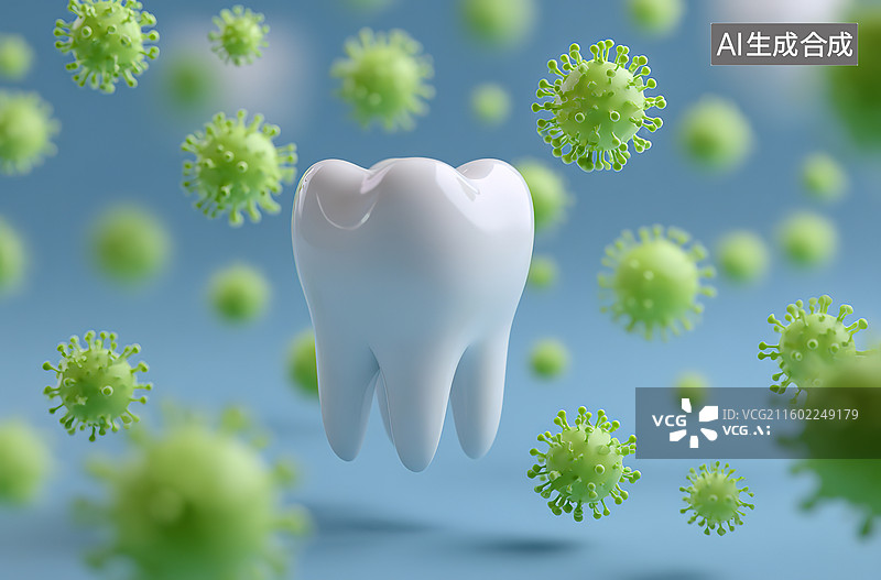 【AI数字艺术】牙齿与病毒粒子悬浮图图片素材