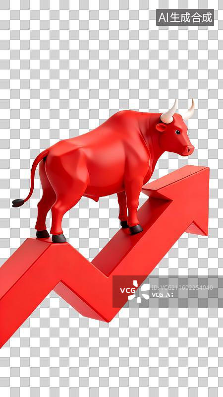 【AI数字艺术】站在曲线红色箭头上的红牛 财经主题插画图片素材