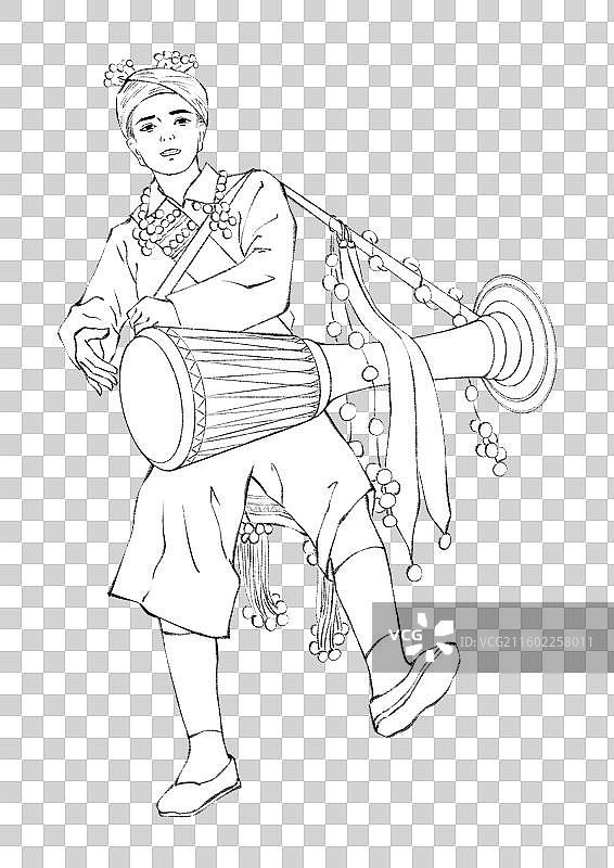 56民族，云南少数民族德昂族，线稿。图片素材