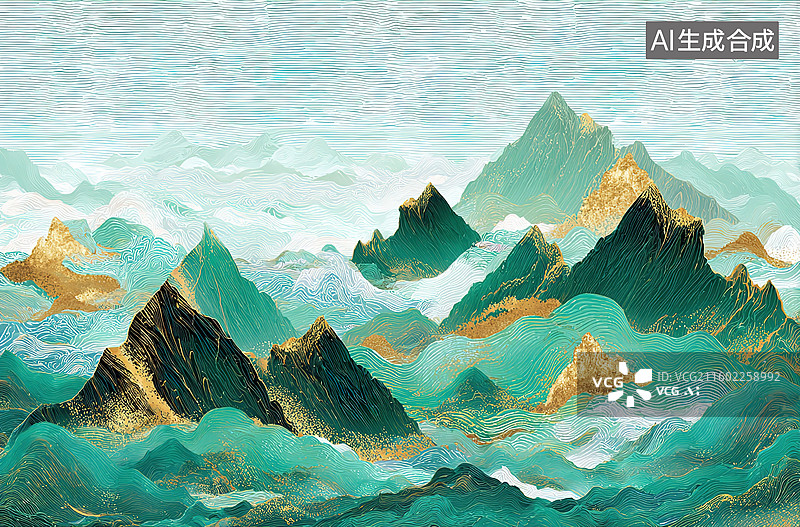 【AI数字艺术】青绿山水云雾缭绕图片素材