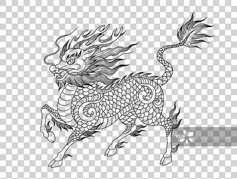 黑白线描麒麟图案图片素材