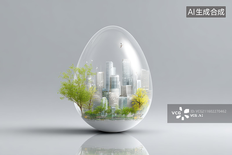 【AI数字艺术】蛋形玻璃罩内城市与自然融合 3D 渲染图片素材