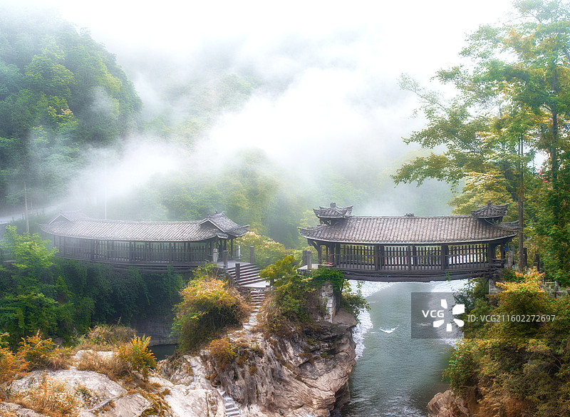 中国四川绵阳安州区千佛山国家森林公园，茶坪河上姊妹桥航拍图图片素材