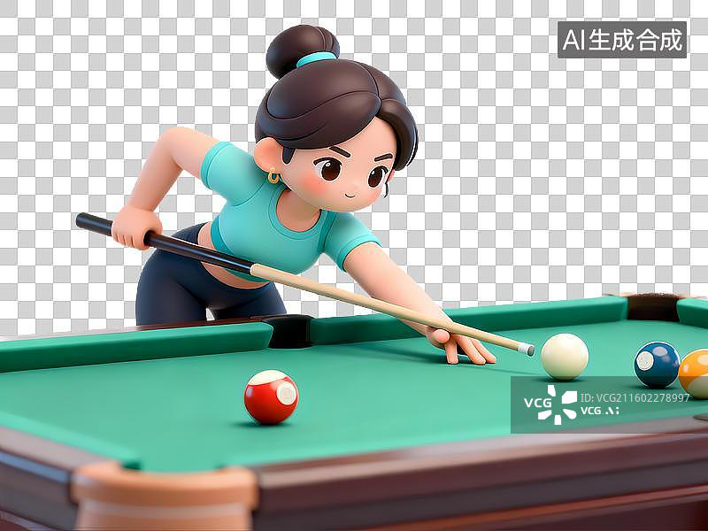 【AI数字艺术】女孩打台球3D卡通立体体育拟物元素图片素材