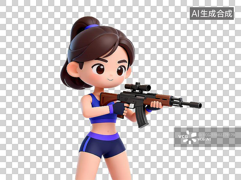【AI数字艺术】女孩射击步枪3D卡通立体体育拟物元素图片素材