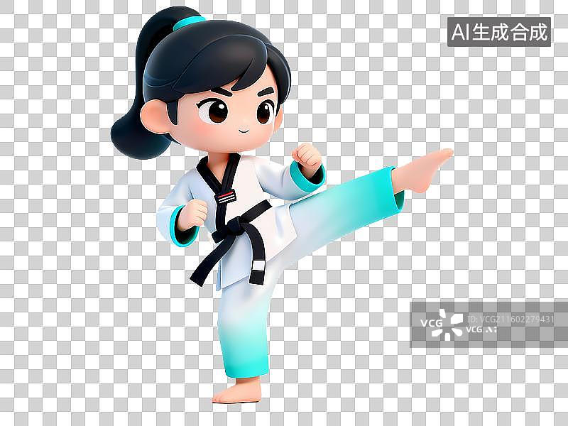 【AI数字艺术】女孩踢腿跆拳道武术3D卡通立体体育拟物元素图片素材