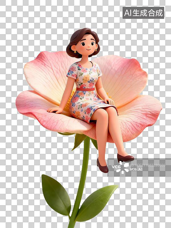 【AI数字艺术】3D卡通38妇女节女性坐粉色花朵插画图片素材