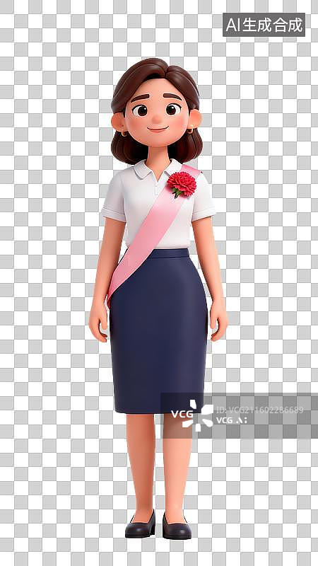 【AI数字艺术】3D卡通38妇女节礼仪女性戴胸花绶带形象插画图片素材
