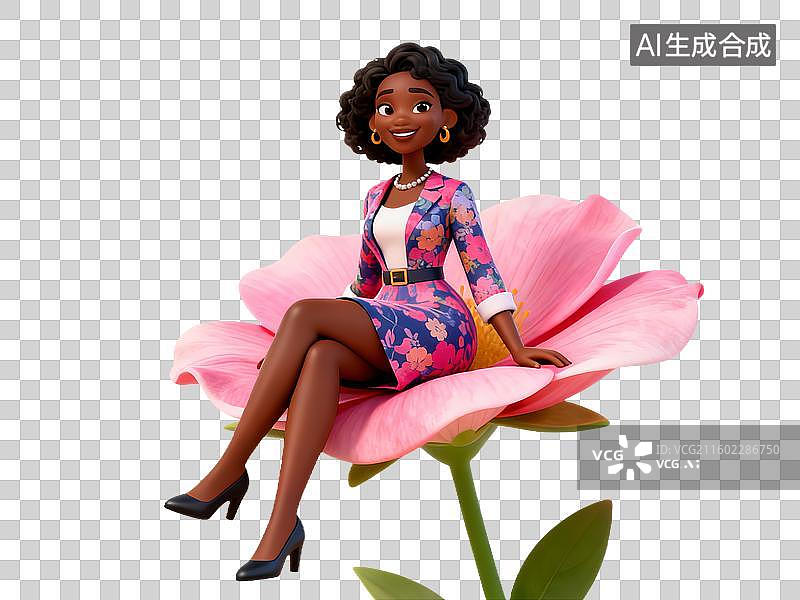 【AI数字艺术】3D卡通38妇女节黑人女性坐粉色花朵形象插画图片素材