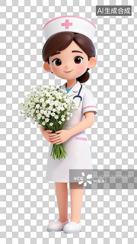 【AI数字艺术】3D卡通38妇女节女护士持满天星花束插画图片素材